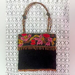 Christian Livingston Collection Black & Beaded Fringed Bag Handbag Purse Vintage